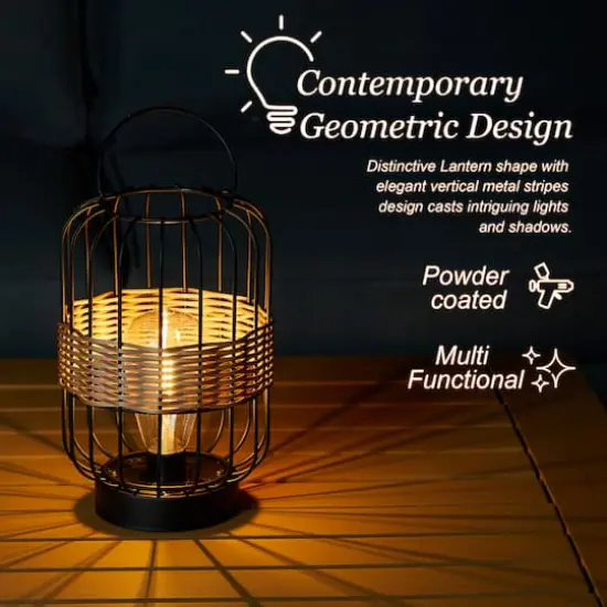 Glitzhome&reg; 11.75" Metal Wire Faux Rattan Solar Powered Outdoor Lantern {4}