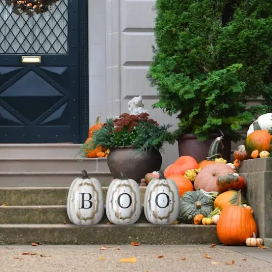 13" White Boo Pumpkin Set {3}