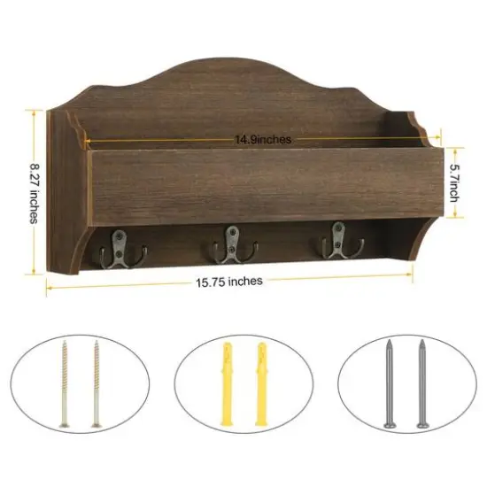 NEX&trade; Wooden Wall-Mounted Mail Sorter Hanging Rack with 3 Double Key Hooks {3}