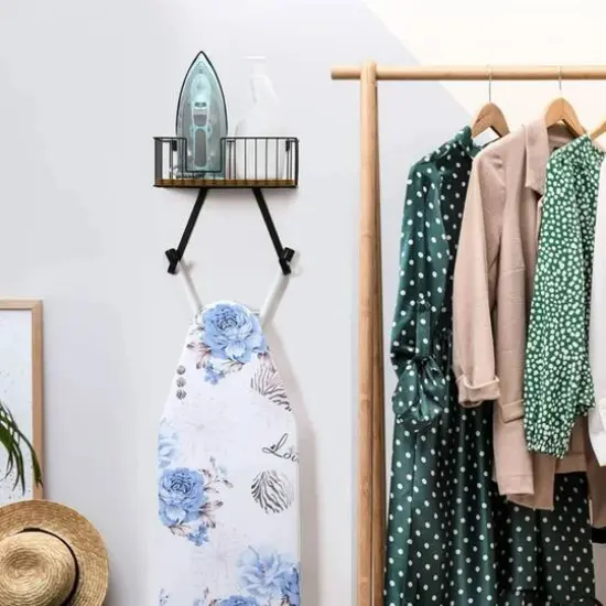 NEX&trade; Black Wall-Mounted Y-Leg Ironing Board Hanger with Storage Basket {6}