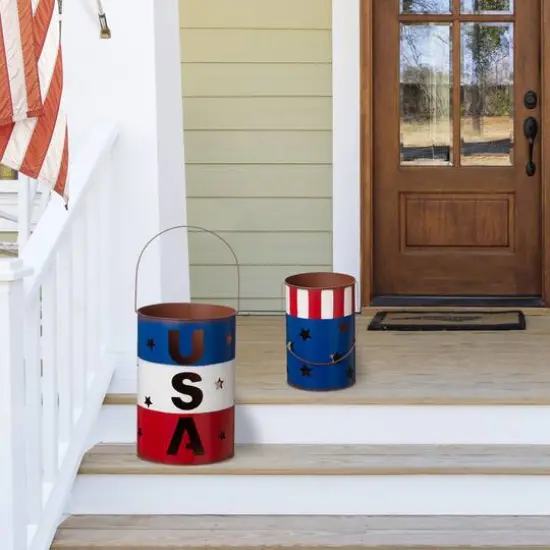 Glitzhome&reg; Metal Patriotic American Bucket Set {5}