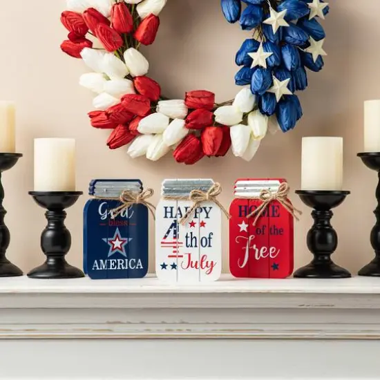 Glitzhome® 7" Patriotic Americana Mason Jar Tabletop Jar Décor Set {3}