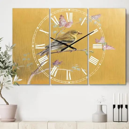 Designart 'Gold Bird On Blossoms Iii Farmhouse Multipanel Wall Clock {3}