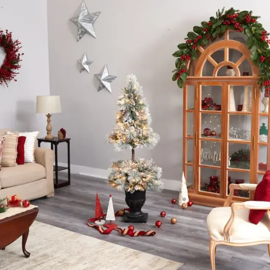 5ft. Pre-Lit Flocked Artificial Christmas Tree in Decorative Urn, White LED Lights {10}