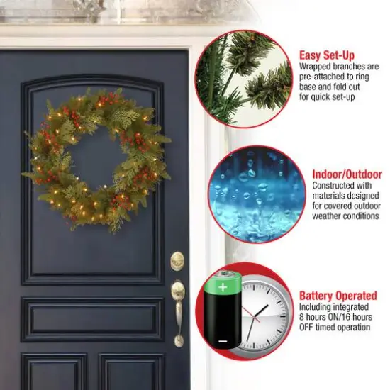 24" Feel Real&reg; Classical Collection Wreath with Red Berries, Cedar Leaves & Warm White LED Lights {6}