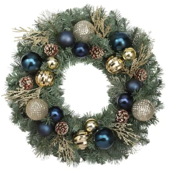 Haute Decor 24" Pre-Lit Sutton Place Blue & Gold Ornament Christmas Wreath, Soft White LED Lights {3}