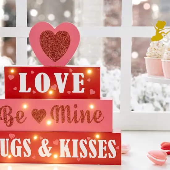 Glitzhome&reg; 11.25"Lighted Valentine's Wooden Block Table Sign {5}
