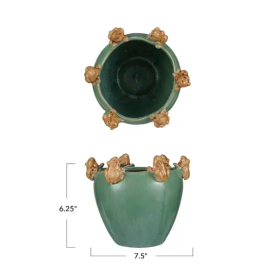 Hello Honey&reg; 7.5" Green & Yellow Reactive Glaze Stoneware Planter with Frogs on Rim {4}