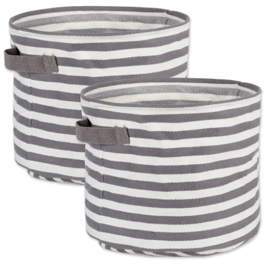 DII&reg; Medium Round Stripes PE-Coated Herringbone Woven Cotton Laundry Bin, 2ct. Gray {1}