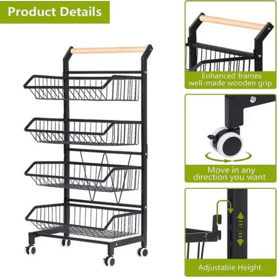 Black 4 Tier Fruit Vegetable Storage Basket Rolling Cart {3}