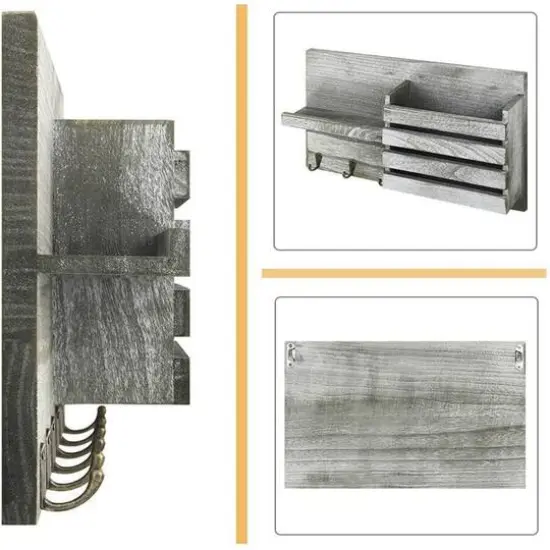 NEX&trade; Olive Green Vintage Wooden Mail Shelf with 6 Key Hooks {4}