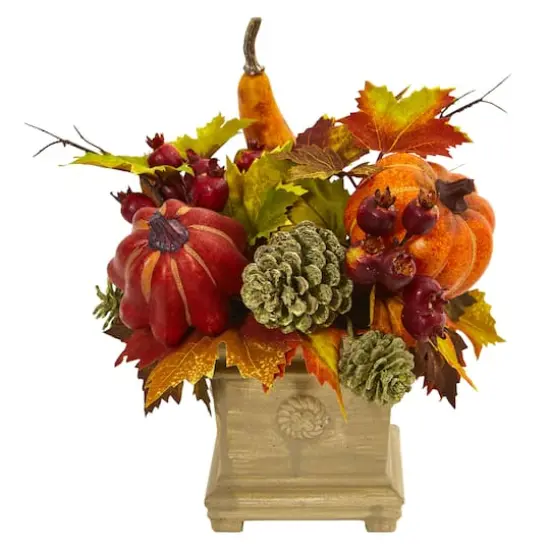 11" Pumpkin, Gourd, Berry & Maple Leaf Arrangement {1}