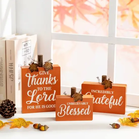 GlitzHome&reg; Fall Wooden Pumpkin Tabletop Sign Set {10}