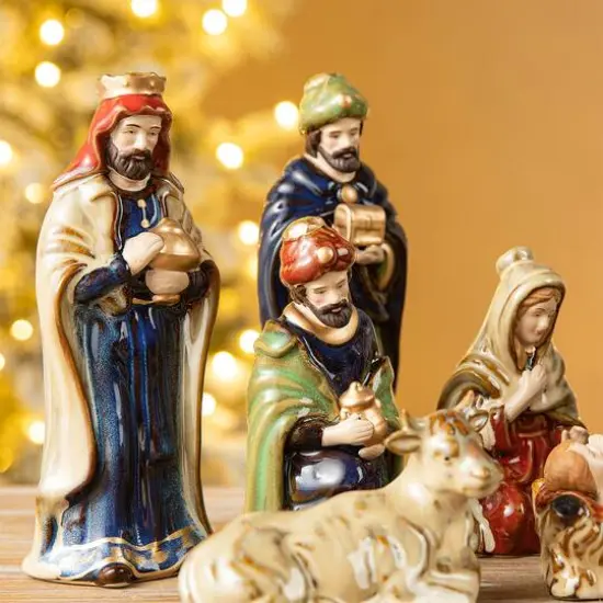 Glitzhome&reg; Multicolor Ceramic Nativity Figurine Set {4}