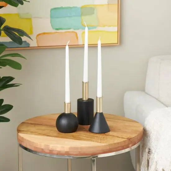 Black Wood Geometric Candle Holder Set {3}