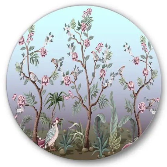 Designart - Chinoiserie With Birds and Peonies II - Traditional Metal Circle Wall Art {2}
