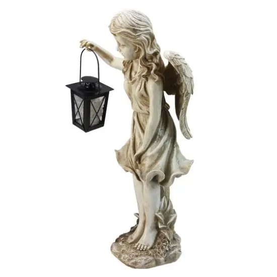 21" Lovely Weathered Ivory Standing Angel with Tealight Candle Lantern Outdoor Garden Statue {3}