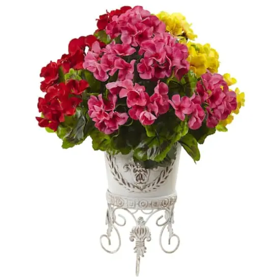 18.5" Yellow, Red & Pink UV Resistant Geranium Arrangement with White Metal Planter {1}