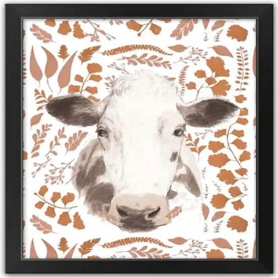 Fall Leaf Cow Black Framed Print Wall Art {1}