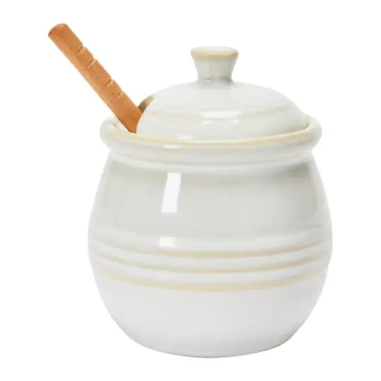 Hello Honey&reg; 3.5" White Ceramic Honey Bee Pot & Wood Dipper {3}