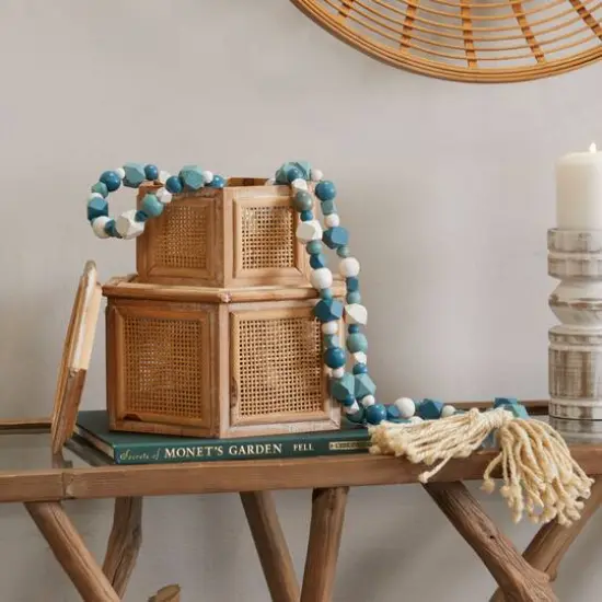 80" Geometric Wood Bead Garland with Tassels Blue {3}
