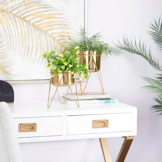 Set of 2 Gold Iron Modern Planter, 10" x 7" x 7" {8}