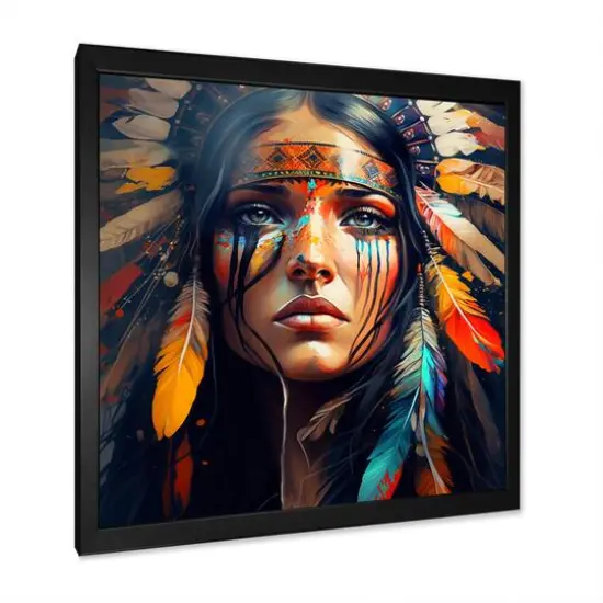 Designart 'Colorful Native American Woman VI' Contemporary Glam Framed Canvas Wall Art Thick Black {3}