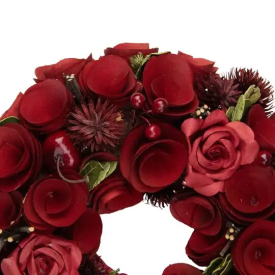 Red Wooden Rose and Berry Artificial Wreath 9.5" Unlit {4}