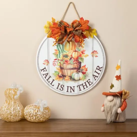 Glitzhome&reg; 15" Fall Wood Round Word Sign Door Hanger {3}