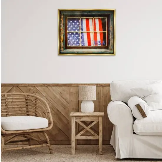 Stupell Industries Patriotic American Flag Rustic Window Festive Home Floater Framed Art Gold {3}
