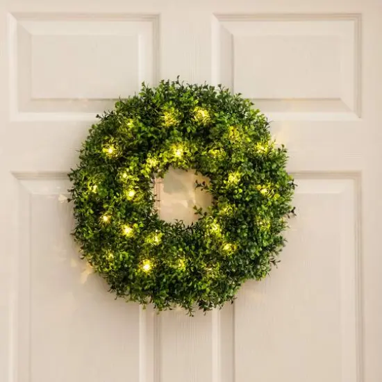 18in. Pre-Lit Artificial Boxwood Wreath with 25 Warm White LED Lights {10}