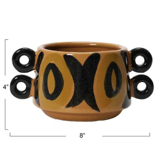 8" Brown and Black Hand Painted Stoneware Planter with Handles {7}