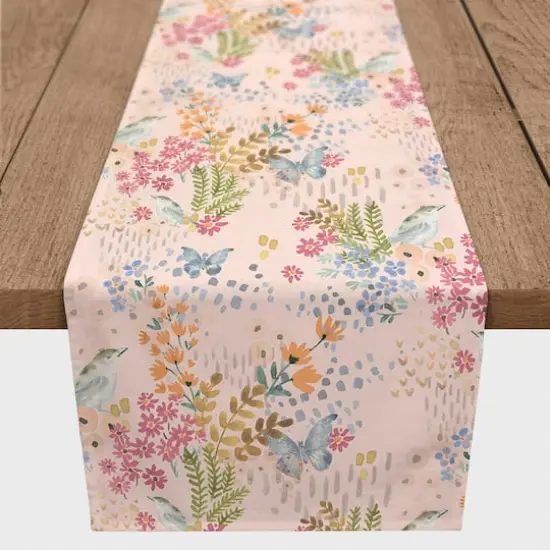 72" Butterfly, Bird & Floral Cotton Twill Runner Pink {1}