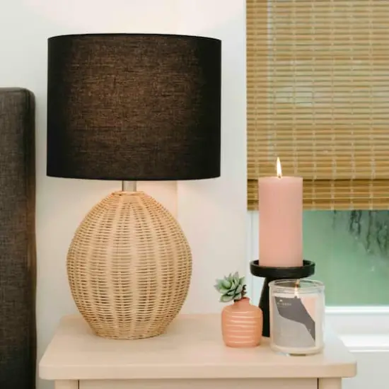 Hello Honey&reg; 20" Natural Boho Woven Rattan Table Lamp with Black Linen Shade {3}