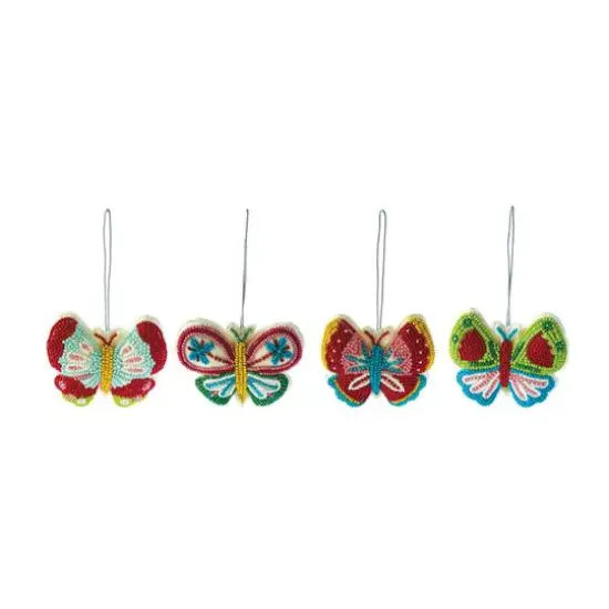 Hello Honey&reg; 4 Pack 4.75" Multicolor Beaded Butterfly Cotton Velvet & Glass Ornaments {1}