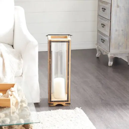 Brown Mango Wood Traditional Candle Holder Lantern, 31" x 8" x 8" {9}