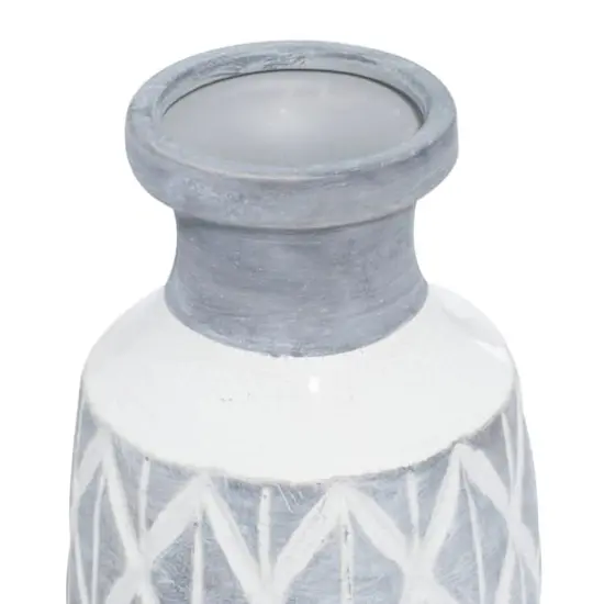 Coastal Gray And White Ceramic Jar Vase With Criss Cross Pattern, 16" x 6" x 6" {4}