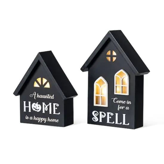 Glitzhome&reg; 8"H Lighted Halloween Wooden House-shaped Table Decor Set {1}