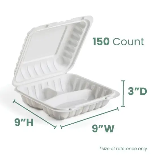 9" White 3-Compartment Clamshell Take Out Containers, 150ct. {8}