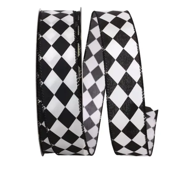 JAM Paper 1.5" x 50yd. Black & White Diamond Dan Wired Ribbon {1}