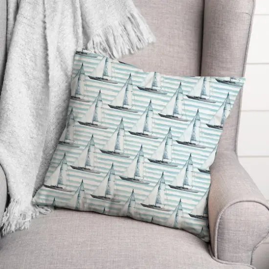 Blue Boats on Stripes Throw Pillow {3}