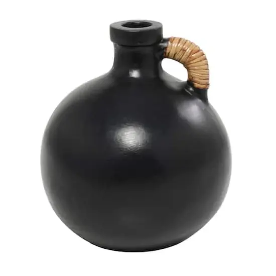 11" Black Ceramic Jug Inspired Vase with Rattan Wrapped Handle {1}