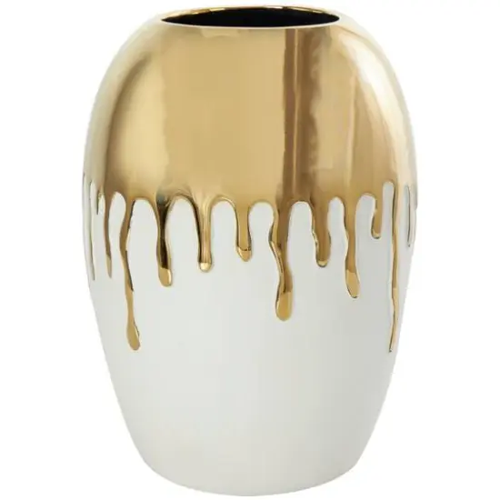 CosmoLiving by Cosmopolitan 13" White Ceramic Vase with Abstract Gold Melting Drips {8}