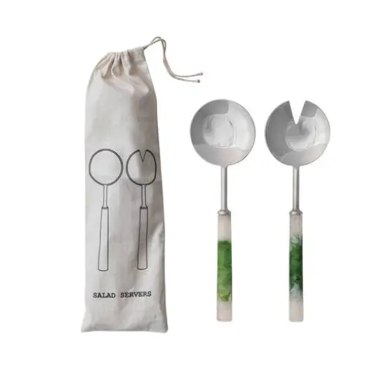 Hello Honey 2-Piece Stainless Steel Salad Servers with Marbled Resin Handles, Green and White {1}