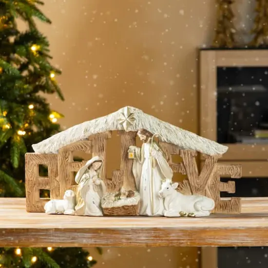 Glitzhome&reg; 11.75" Resin "BELIEVE" Holy Family Figurine {3}