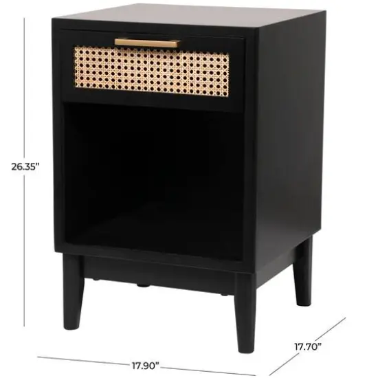 Wood Accent Table with Cane Front Drawer & Gold Handle Black {9}