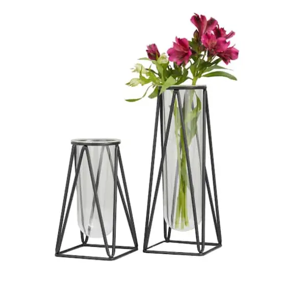 CosmoLiving by Cosmopolitan Set of 2 Black Iron Modern Vase, 13" x 5" x 5" {1}