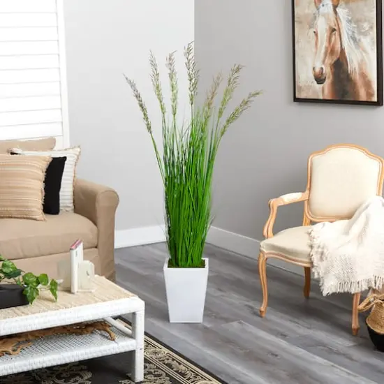 5ft. Wheat Grass Artificial Plant in White Metal Planter {4}
