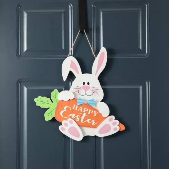 Glitzhome&reg; 14" Happy Easter Bunny & Carrot Door Hanger {8}