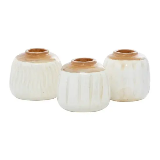 Set of 3 White Teak Wood Coastal Style Vase 6", 7" {1}